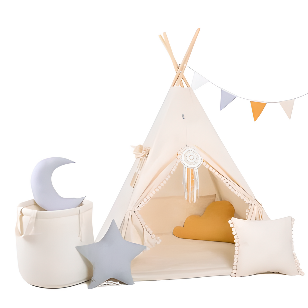 WILLY - Tente de jeu Tipi enfant - H 160 cm - Guirlande + tapis + 4  coussins + corbeille + attrape-rêves INCLUS - Beige